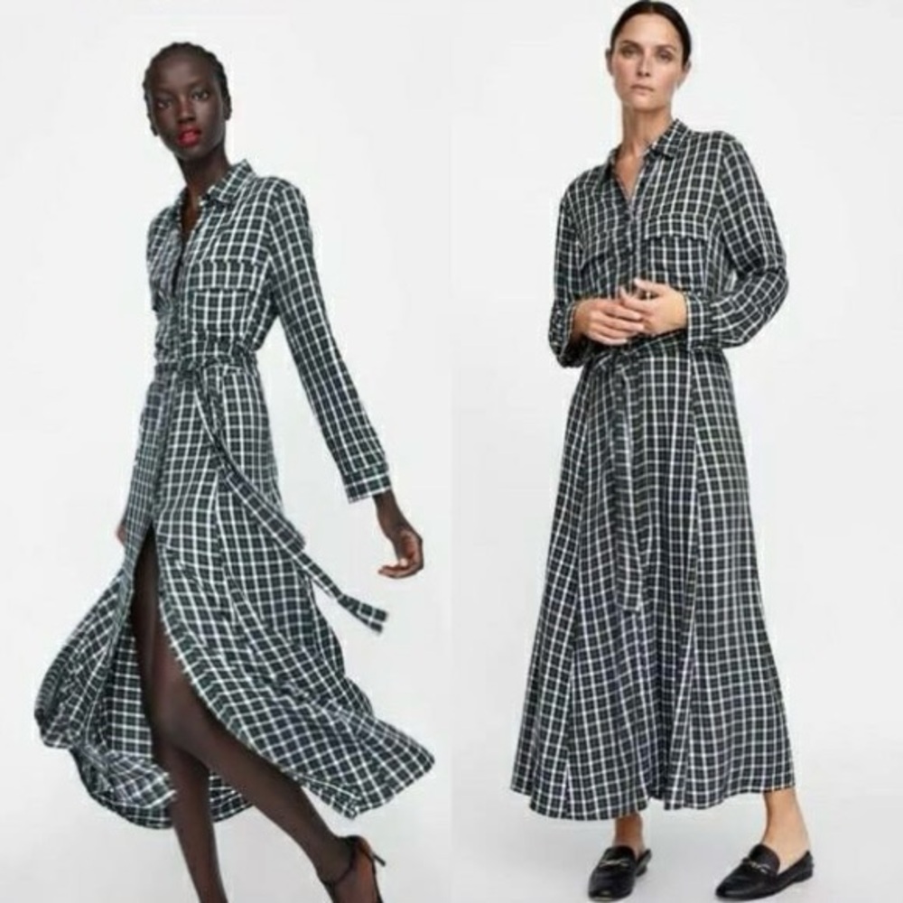 Zara Dark Green Checkered Long Sleeve Shirt Dress size Large - Picture 3 of 13